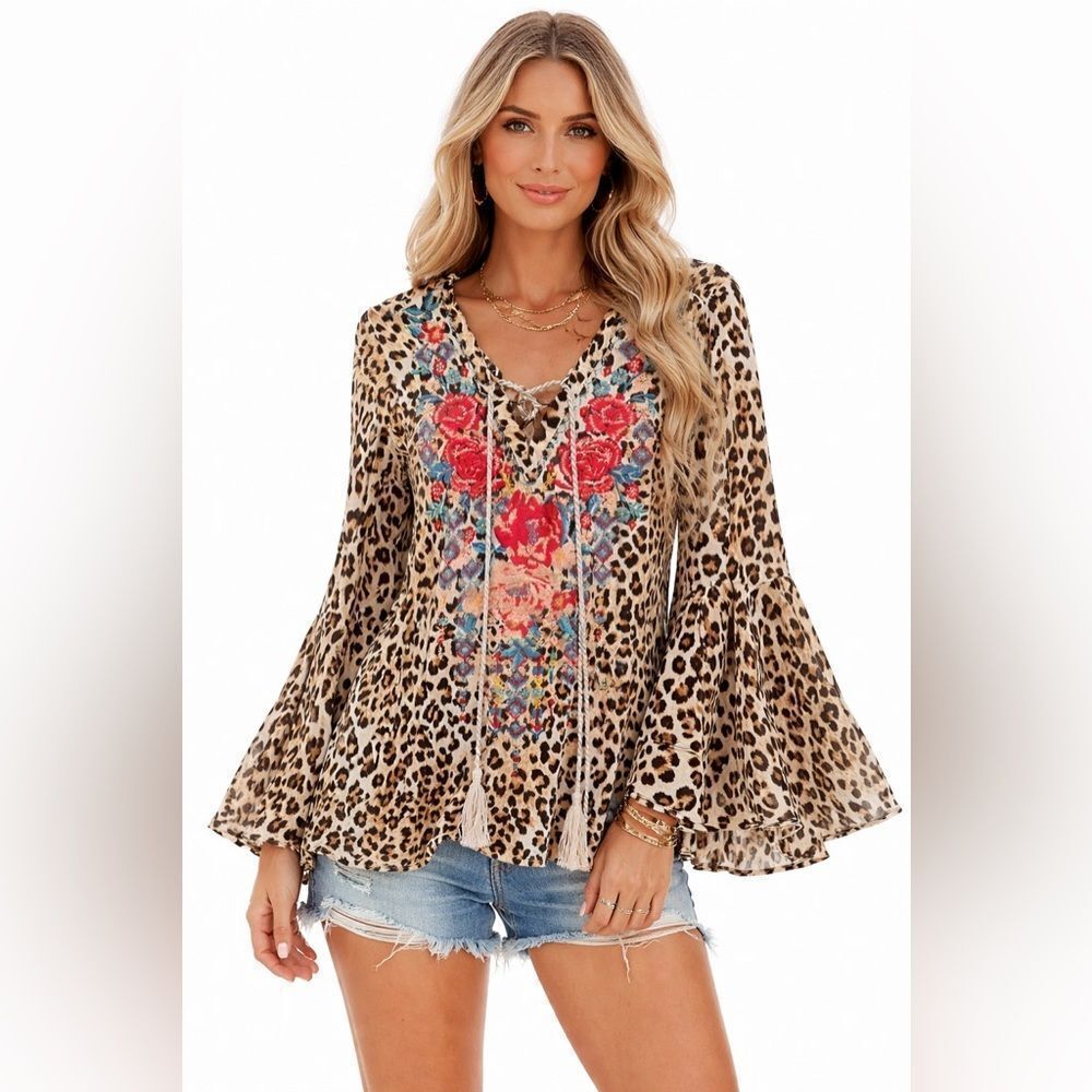 Savanna Jane Leopard Embroidered Boho Blouse